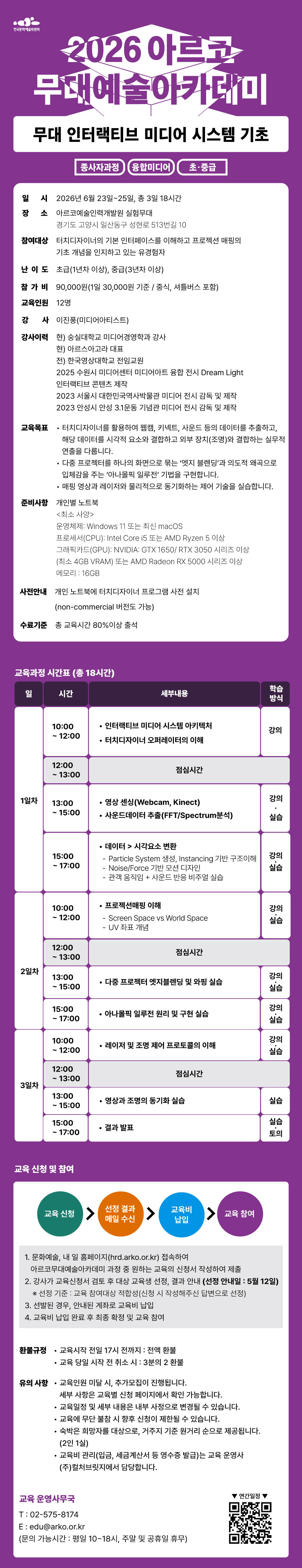 2026 아르코무대예술아카데미 무대 인터랙티브 미디어 시스템 기초 종사자 과정 융합미디어 초·중급(자세한 내용 아래 참조)