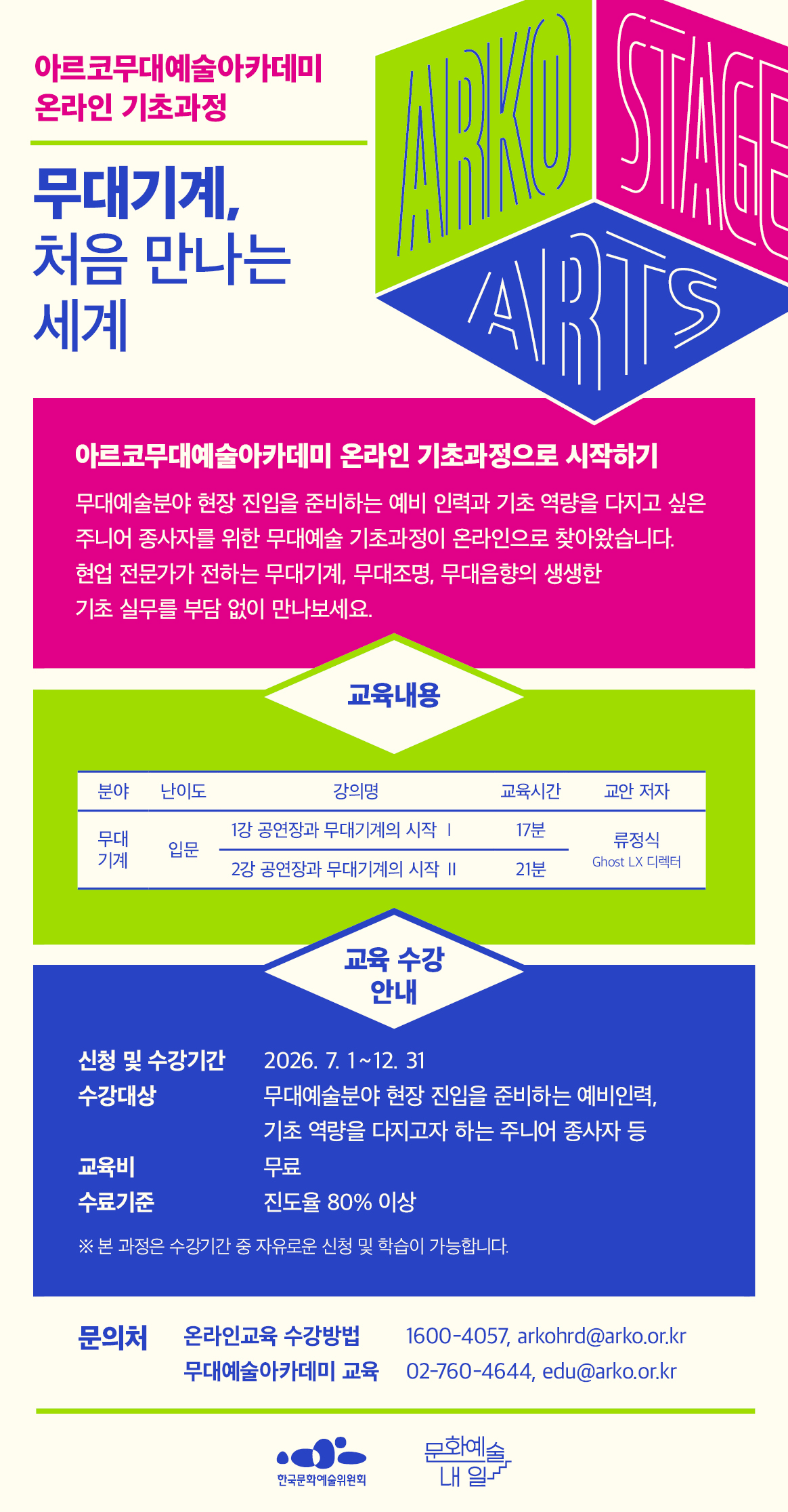 2026 아르코무대예술아카데미 온라인 기초과정 오픈 무대기계, 처음 만나는 세계(자세한 내용 아래 참조)