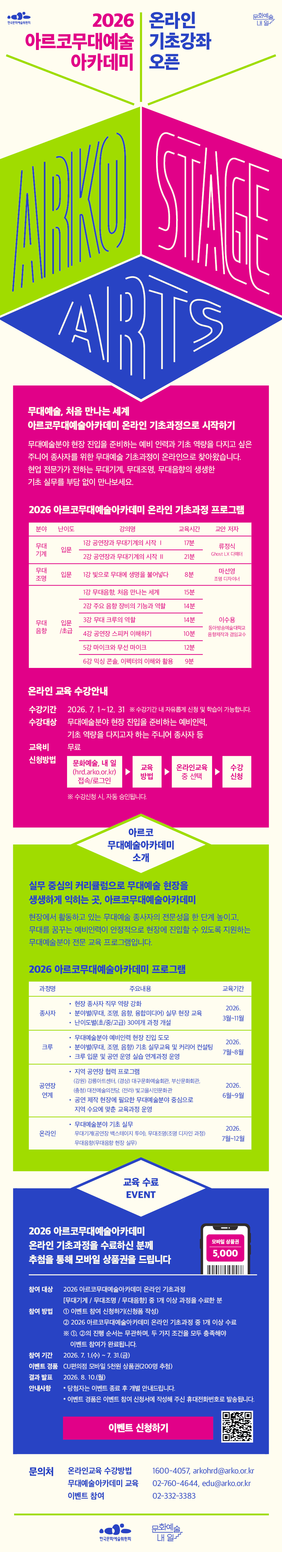 2026 아르코무대예술아카데미 온라인 기초강좌 오픈 및 수료이벤트 안내(자세한 내용 아래 참조)